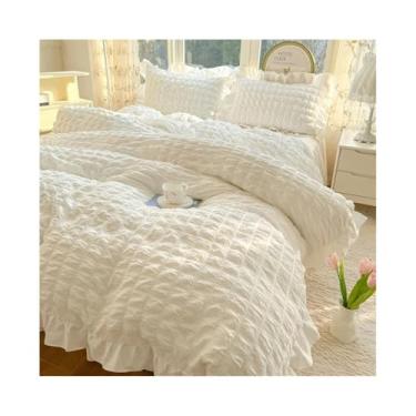 Imagem de Conjunto de cama 3/4 peças Boho Chic Ruffled Seersucker capa de edredom macio e leve fronhas de cama (bege, solteiro 150 x 200 3 peças)