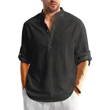 Imagem de Camisa Henley Masculina de Algodão - Manga Comprida, Leve e Respirável