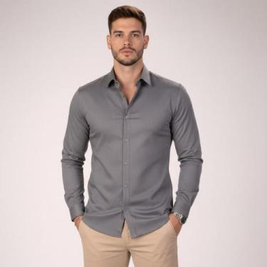 Imagem de Camisa Social Manga Longa Slim Fit Masculina Clássica - Volgue, Cinza,