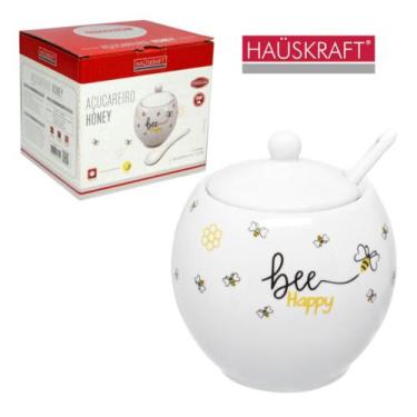 Imagem de Açucareiro de porcelana de abelha honey com colher e tampa - pote para