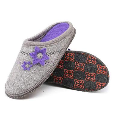 Imagem de LE KAPMOZ Pantufas femininas de lã fervida para casa respiráveis sem suor pantufa sem pantufa mule para uso interno/externo, Light Gray/Purple Felt Sole, 9-10
