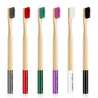 Imagem de Escova de dentes de bambu biodegradável de 6 peças, escovas de dentes naturais ecológicas sem BPA, melhor conjunto de escovas de dentes de madeira para viagem para gengivas sensíveis.