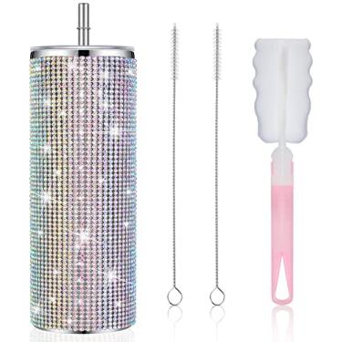 Imagem de Tessco Bling Tumbler Copos Strass com Palha Glitter Garrafa de Água Copo de Aço Inoxidável Copo de Palha Isolado com Escova de Tampa para Presentes de Formatura de Professores (590 ml, Colorido)