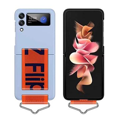 Imagem de Estojo de telefone com alça de mão fashion para Samsung Galaxy Z Flip 4 ZFlip 3 5G Ultra Fino Plástico Duro Pulseira Anel, K3, Azul Céu, Para SAM Z Flip4