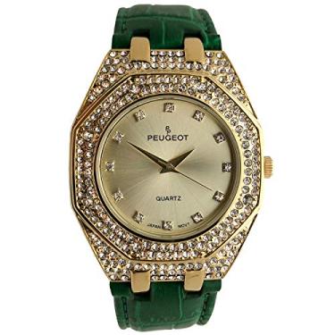 Imagem de Relógio de pulso feminino Peugeot com bisel de cristal e pulseira de couro combinando, Verde