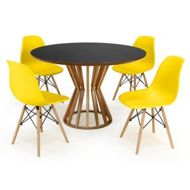 Imagem de Conjunto Mesa de Jantar Redonda Cecília Amadeirada Preta 120cm com 4 Cadeiras Eames Eiffel - Amarelo