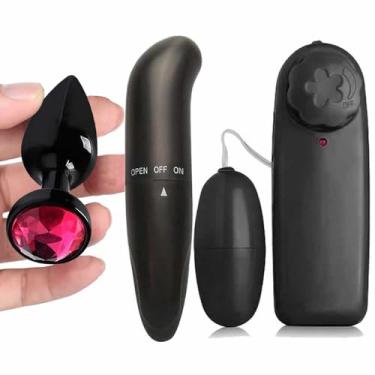 Imagem de Kit Sex Shop Preto Vibrador Feminino Ponto G Bullet e Plug Anal Preto com Joia Colorida