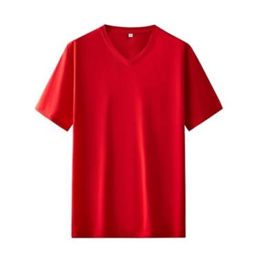 Imagem de Camiseta Masculina De Algodão Puro, Decote Em V De Cor Sólida, Manga Curta, Corte Solto E Tridimensional, Adequada Para Roupas De Verão (Color : Red, Size : 7XL)