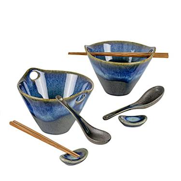 Imagem de UNICASA Conjunto de tigelas de ramen japonês com pauzinhos, colheres e descansos, tigela de macarrão de porcelana profunda de 590 ml, conjunto de 2 para Udon, Pho, salada, sopa (azul vulcão)