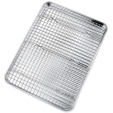 Imagem de P&P CHEF Conjunto de assadeira e rack de 40,6 cm, assadeiras de aço inoxidável, bandejas de forno com grades de resfriamento para cozinhar e assar, seguro para forno e lava-louças, (2 peças)