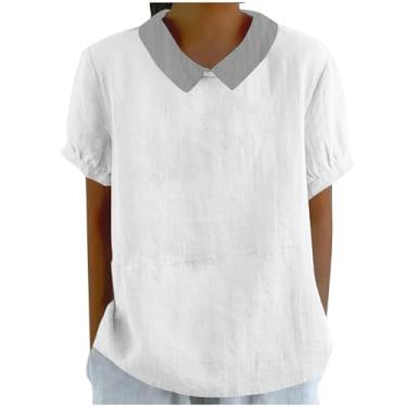 Imagem de Camisetas femininas de linho para negócios elegantes blusas casuais manga curta Color Block camisas soltas camisetas estampadas 2024, Cinza, XXG