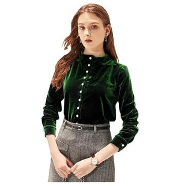 Imagem de Camisa feminina de veludo de seda manga longa Mulberry Inside com blusa temperamento de alta qualidade, Verde escuro, G