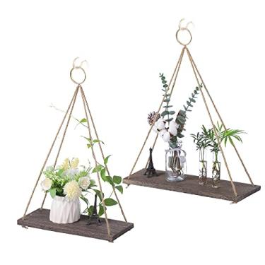 Imagem de Prateleiras suspensas para parede e janela, prateleira de plantas para ambientes internos - Prateleiras de parede flutuantes para quarto, banheiro, sala de estar - Prateleira para pendurar na parede de macramê - Decoração de parede Boho para casa, conjunto de 2 (meio + grande)