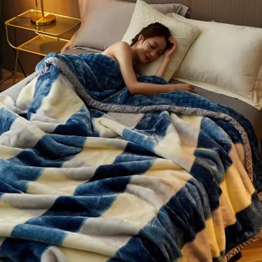 Imagem de Cobertor de lã pesado, cobertor de cama Raschel reversível de 2 camadas, cobertor de vison coreano estampado de flanela quente ultramacio de inverno, D, 180 x 220 cm (71 x 87 polegadas)