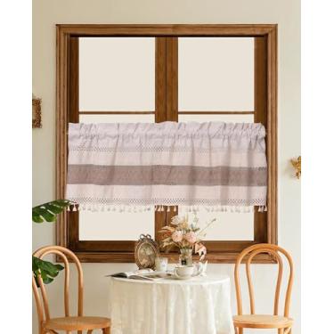 Imagem de BOYOUTH Cortina de saia curta listrada marrom com emenda de linho e algodão, cortinas com bolso de varão para cozinha, sala de jantar, café, banheiro decoração de janela pequena, 132 por 45 cm, 1