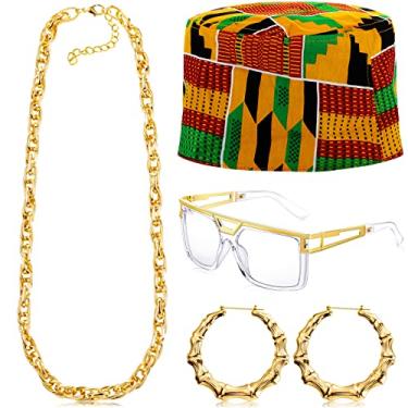 Imagem de Sureio 4 peças de fantasia de hip hop de Halloween chapéu kufi africano 80 anos 90 joias acessórios de rapper para mulheres e homens festa Freaknik, Multicolorido., tamanho �nico
