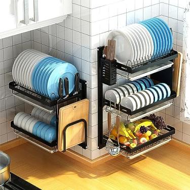 Imagem de Escorredor de pratos de cozinha montado na parede, escorredor de pratos de aço inoxidável de 2/3 camadas com suporte de utensílios, suporte de tábua de corte e escorredor de pratos para balcão de