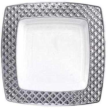 Imagem de Pratos de jantar quadrados de plástico com aro prateado - 24,7 cm | Branco | Coleção de diamantes | Pacote com 10