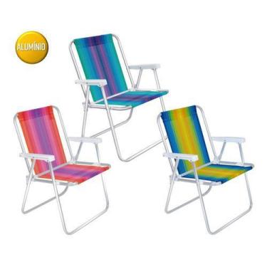 Imagem de Kit 3 Cadeira Alta Alumínio Listrada Praia Camping - Mor