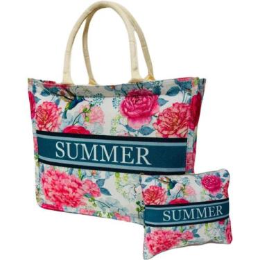 Imagem de Bolsa De Praia Rosa Estampada Colorida Com Flores Pássaros - Lis