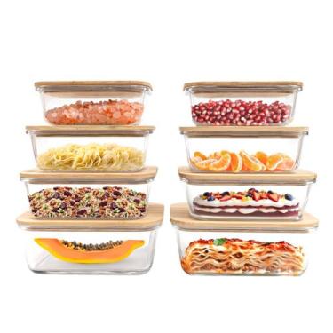Imagem de kit 8 potes de vidro com tampa de bambu hermético marmita retangulares
