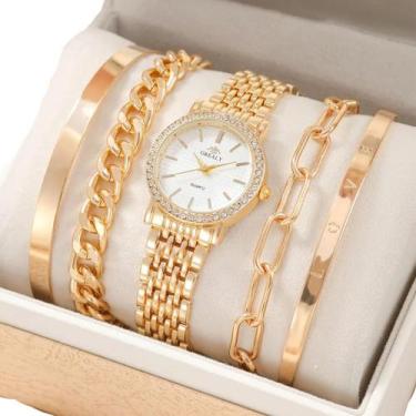 Imagem de Relógio Feminino Luxo Dourado Strass+ Kit Pulseiras - Grealy