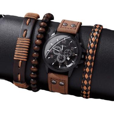 Imagem de Relógio Masculino Marrom + Kit Pulseiras Moderno Luxo Marrom - Geneva