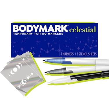 Imagem de BIC BodyMark Conjunto de marcadores de tatuagem temporários para pele, ponta de pincel premium, pacote com 3 unidades de cores e estênceis temáticos variados, conjunto de marcadores de tatuagem