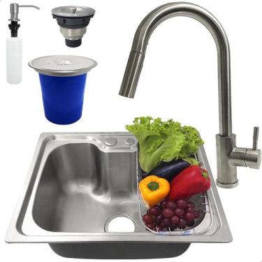 Imagem de Kit Cozinha Cuba Gourmet Inox 304 50x40 Lixeira De Embutir 5L Torneira