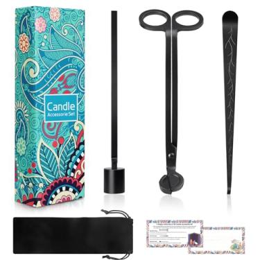 Imagem de LILANGLI Kit de acessórios de vela 4 em 1, aparador profissional de pavio de vela, apagador de vela e pavio de vela com bolsa de veludo, cartão de instruções - pacote de presente para amantes de velas (preto)