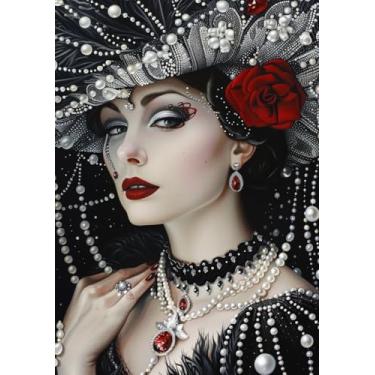 Imagem de Lady in Black and White Red Lips DIY 5D Kits de pintura de diamante para adultos fácil para iniciantes redondo broca completa pintura arte diamante pedras cruz ponto cruz artesanato para decoração de