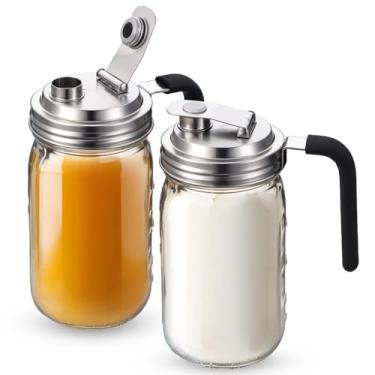 Imagem de Baderke 2 frascos de vidro com boca de vidro com tampa de bico de aço inoxidável, à prova de vazamento, frascos de vidro de boca larga para bebidas, café gelado, leite, chá solar, suco de limonada