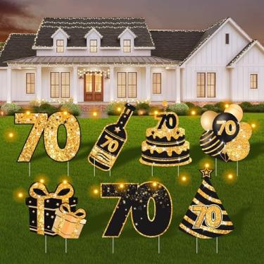 Imagem de Decorações de aniversário de 70 anos para homens e mulheres - 7 peças de placas de quintal de aniversário com estacas, luzes LED e fita dupla face | Decoração feliz 70 | Lembranças de festa ao ar