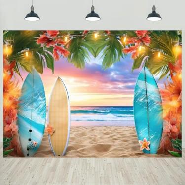 Imagem de Pano de fundo de praia havaiana de verão de 2,1 x 1,5 m para Havaí Luau Aloha Tema Festa Fotografia Fundo Tropical Folhas de Palmeira Floral Prancha de Surf Glitter Decorações Banner Foto Studio