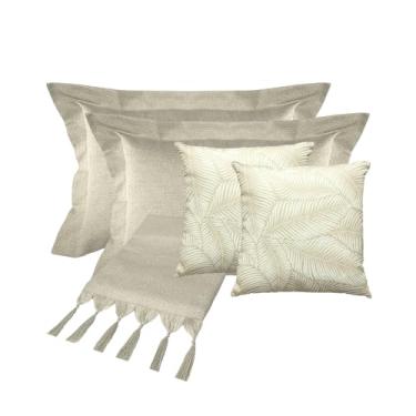Imagem de Jogo De Peseira Para Cama King Artesanal Com Franjas Luxuosa Kit Completo (IANNES BEGE - CAPAS FOLHA DE PALMEIRA)