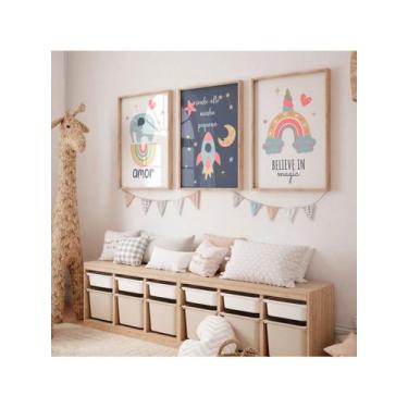 Imagem de Conjunto 3 Quadros Infantil Elefante Foguete Arco íris Frases Decoraçã