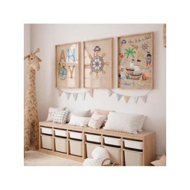 Imagem de Kit 3 Quadros Infantil Bebê Temático Pirata Barco Aventura Divertido -