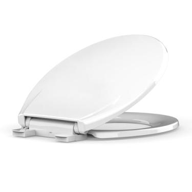 Imagem de Assento de vaso sanitário redondo, assento de vaso sanitário de fechamento macio, tampa de vaso sanitário branca, fechamento suave, fácil instalação e liberação, material PP seguro, fácil de limpar