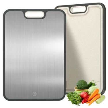 Imagem de Tábua de corte de titânio, tábuas de corte de dupla face para cozinha, titânio puro e palha de trigo, PP, lavável na lava-louças, fácil de limpar, tamanho grande 48 x 26 cm