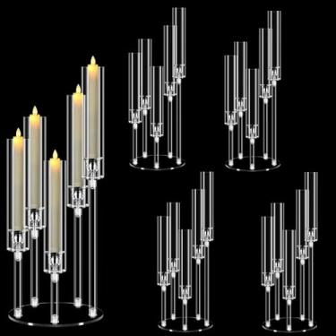 Imagem de 4 conjuntos de peças centrais de candelabro de acrílico com 5 braços para mesas, suporte de vela transparente para casamento, jantar de cerimônia, suportes de castiçal de 58 cm de altura com abajur