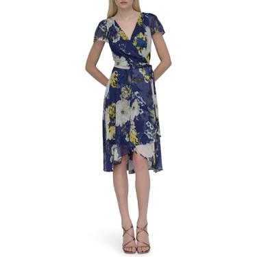 Imagem de DKNY Vestido feminino com bainha assimétrica e manga dupla com babados, Azul-marinho/amarelo, 48