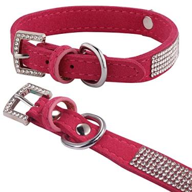 Imagem de AOKSI Coleira para cães e gatos, fivela de prata brilhante de luxo e diamante brilhante com decoração de coroa de strass coleiras de couro de veludo para cães pequenos filhotes de gatos médios (PP, vermelha)
