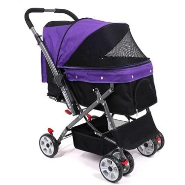 Imagem de Carrinho De Estimação, Carrinho De Gaiola Para Cães E Gatos De 4 Rodas, Carrinhos De Alça Reversível Carrinho De Bebê Durável à Prova De Choque Direção Ajustáv, purple