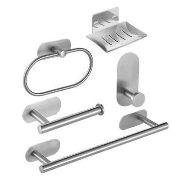 Imagem de Kit Acessorios Banheiro Aço Inox Autoadesivo 5 Peças Prata - Phillip L