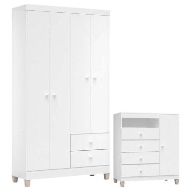 Imagem de Cômoda e Guarda Roupa Infantil Baby Kids Branco Flex 4 Portas 2 Gavetas em MDP Brilhant...