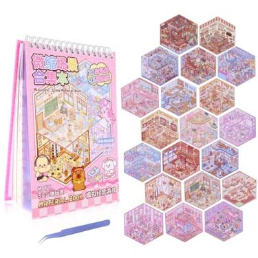 Imagem de Dwpetzo 20 conjuntos de cenas de adesivos 3D DIY para adultos com pinça, Kawaii 3D House Miniature Sticker Therapy, faça seu próprio livro de coleção de cenas de quarto para crianças adultas, alívio