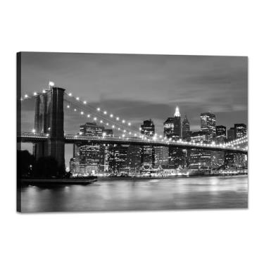 Imagem de SKASNFAI Arte de parede da ponte do Brooklyn de Nova York, imagens de arte da cidade, horizonte de Manhattan à noite, pôsteres emoldurados para decoração de parede de sala de estar (30 cm C x 40 cm)