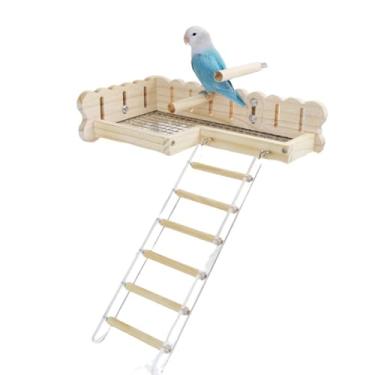 Imagem de Plataforma de madeira para pássaros com malha de ferro para facilitar a limpeza, parquinho de madeira para pássaros com suporte, suporte de papagaio, acessórios de gaiola para periquitos, periquitos e