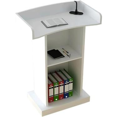 Imagem de Púlpito De Mdf Podium Stand Mesa De Recepção De Piso De Madeira Com Prateleira De Armazenamento Ideal Para Palestrantes Conferência Auditório Igreja, White, 23.6x16.5x47.2in