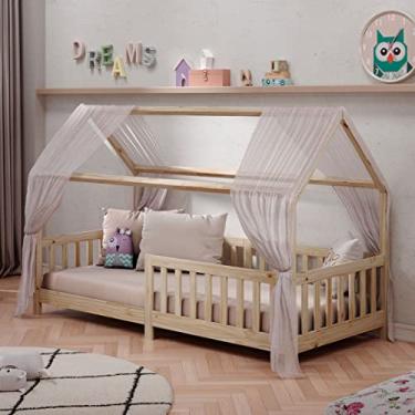 Imagem de IDIMEX Cama Casinha Infantil Montessoriana com grade elevada Madeira com Estrado Nina cor Natural